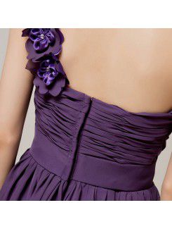 Chiffon One Shoulder Floor Length A-line Evening Dress with Handmade Flowers