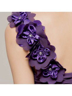 Chiffon One Shoulder Floor Length A-line Evening Dress with Handmade Flowers