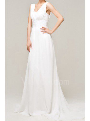 Chiffon Straps Chapel Train A-line Evening Dress with Crystal