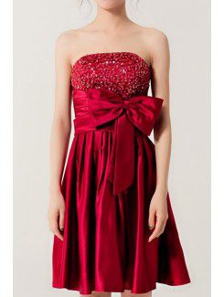 Satin Strapless Short A-line Evening Dress with Crystal