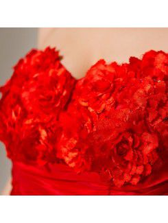 Taffeta One Shoulder Floor Length A-line Evening Dress with Handmade Flowers