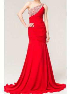 Chiffon One Shoulder Chapel Train Mermaid Evening Dress with Sequins