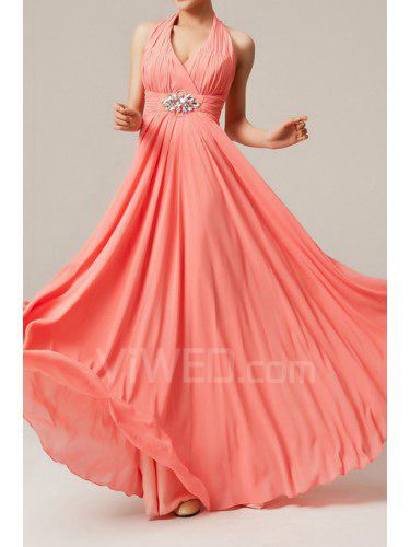 Chiffon Halter Floor Length Corset Evening Dress with Crystal