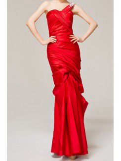 Satin One Shoulder Floor Length Sheath Evening Dress with Crystal