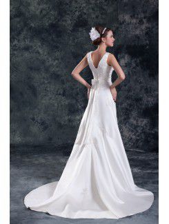 Satin V-Neck Sweep Train A-line Embroidered Wedding Dress