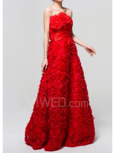 Lace Strapless Floor Length A-line Evening Dress with Handmade Flowers