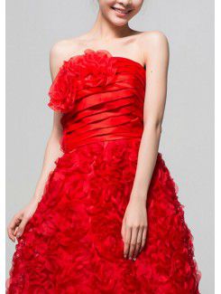 Lace Strapless Floor Length A-line Evening Dress with Handmade Flowers