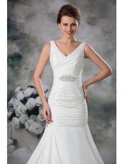 Taffeta V-Neck Sweep Train Sheath Embroidered Wedding Dress