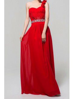 Chiffon One Shoulder Floor Length A-line Evening Dress with Crystal
