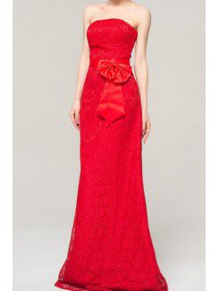 Lace Strapless Floor Length Sheath Evening Dress with Handmade Flowers