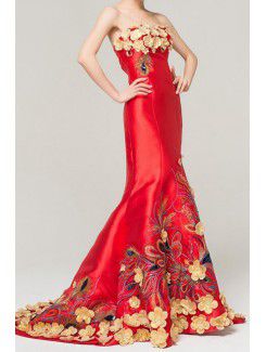 Satin Strapless Chapel Train Mermaid Evening Dress with Embroidered