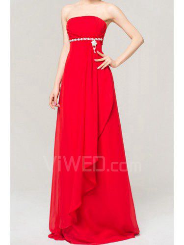 Chiffon Strapless Floor Length A-line Evening Dress with Crystal