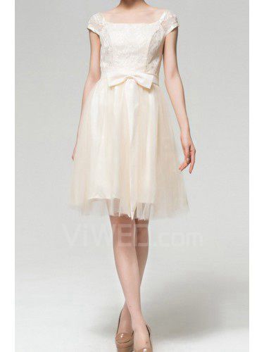 Lace Square Short A-line Evening Dress with Bow