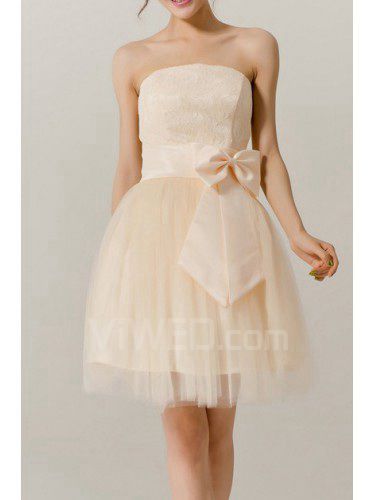 Organza stroppeløs kort ball kjole kjole med sløyfe