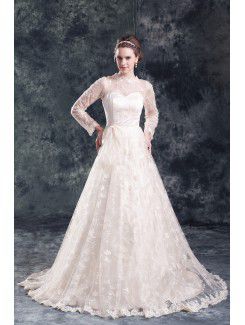 Lace Jewel Sweep Train A-line Three-quarter Sleeves Wedding Dress
