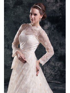 Lace Jewel Sweep Train A-line Three-quarter Sleeves Wedding Dress