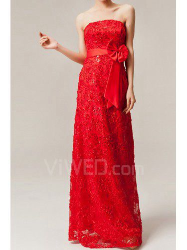 Lace Strapless Floor Length A-line Prom Dress with Bow