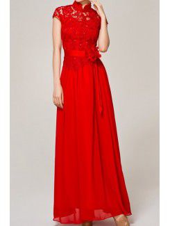 Lace High Collar Floor Length A-line Prom Dress with Handmade Flowers