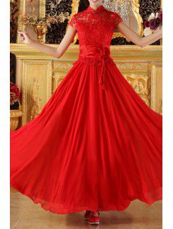 Chiffon and Lace High Collar Floor Length Corset Prom Dress with Handmade Flowers