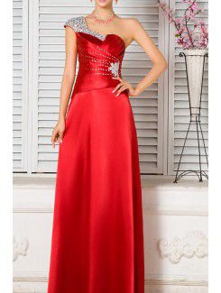 Satin One Shoulder Ankle-Length A-line Prom Dress with Crystal