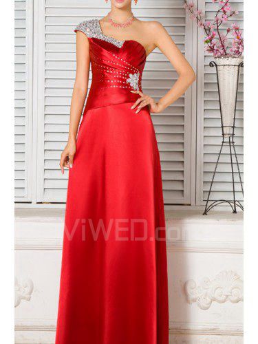 Satin One Shoulder Ankle-Length A-line Prom Dress with Crystal
