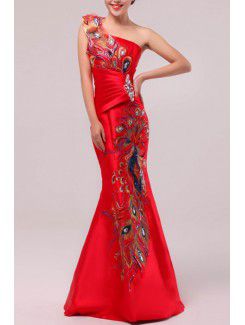 Satin One Shoulder Floor Length Mermaid Prom Dress with Crystal