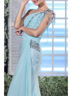 Chiffon One Shoulder Sweep Train Sheath Prom Dress with Sequins