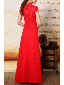Lace High Collar Floor Length A-line Prom Dress with Beading