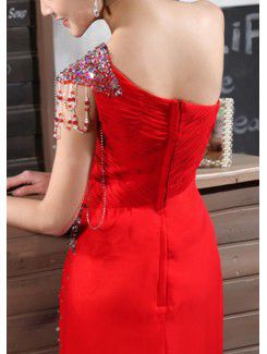 Chiffon One Shoulder Sweep Train Sheath Prom Dress with Sequins