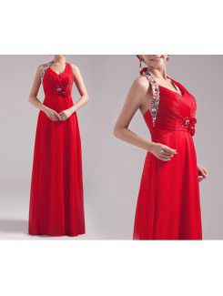 Satin and Chiffon Halter Floor Length A-line Prom Dress with Sequins