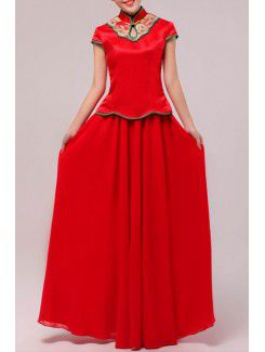 Chiffon High Collar Floor Length A-line Prom Dress with Embroidered