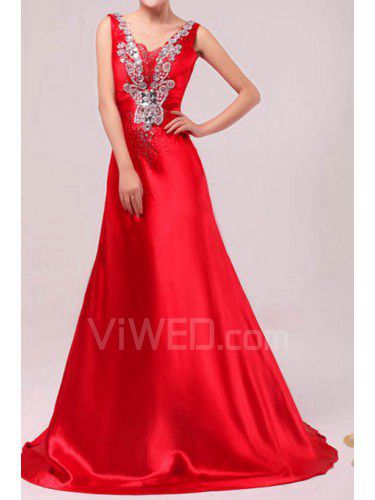 Satin V-neck Chapel Train A-line Prom Dress with Crystal