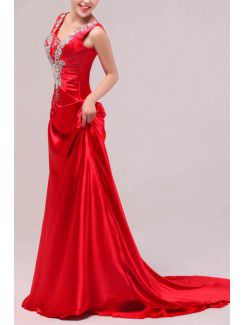 Satin V-neck Chapel Train A-line Prom Dress with Crystal