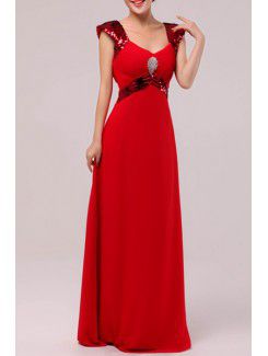 Chiffon V-neck Floor Length Empire Prom Dress with Sequins