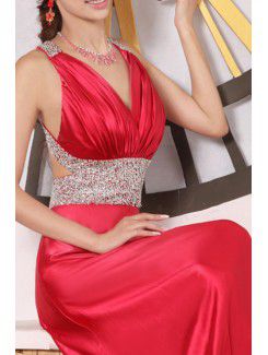 Satin V-neck Floor Length Corset Prom Dress with Sequins