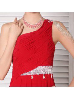 Chiffon One Shoulder Floor Length Empire Prom Dress with Beading