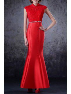 Satin High Collar Ankle-Length Mermaid Prom Dress with Crystal