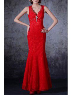 Lace V-neck Floor Length Mermaid Prom Dress with Crystal