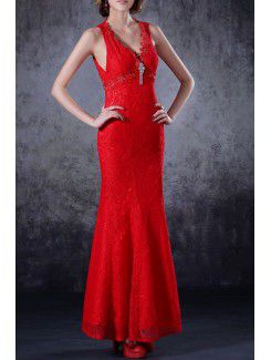 Lace V-neck Floor Length Mermaid Prom Dress with Crystal