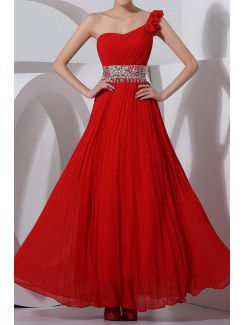 Chiffon One Shoulder Floor Length Corset Prom Dress with Crystal