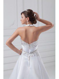 Satin Halter Sweep Train A-line Embroidered Wedding Dress
