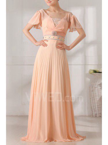 Chiffon V-neck Floor Length Empire Prom Dress with Crystal