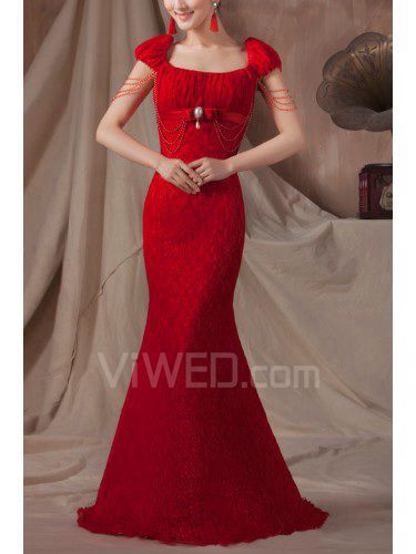 Lace Square Sweep Train Mermaid Prom Dress with Beading