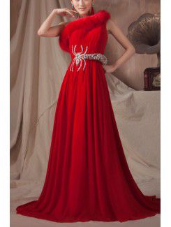 Chiffon One Shoulder Chapel Train A-line Prom Dress with Crystal