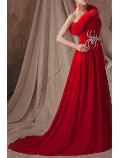Chiffon One Shoulder Chapel Train A-line Prom Dress with Crystal