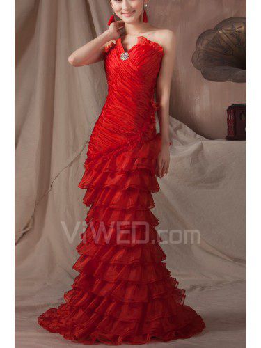 Tulle V-neck Chapel Train Mermaid Prom Dress with Crystal