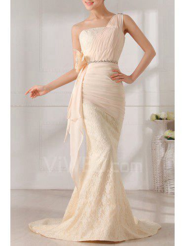 Lace and Chiffon One Shoulder Chapel Train Mermaid Prom Dress with Handmade Flowers