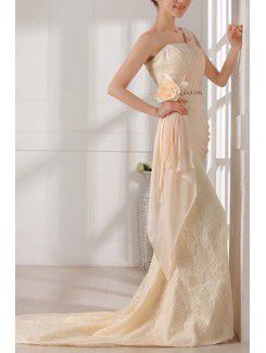 Lace and Chiffon One Shoulder Chapel Train Mermaid Prom Dress with Handmade Flowers