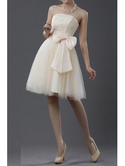Lace and Satin Strapless Short Ball Gown Cocktail Dress with Bow