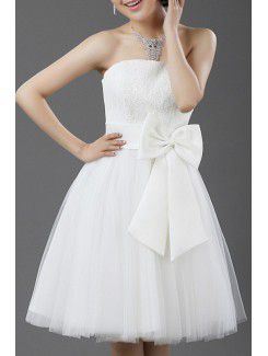 Lace and Satin Strapless Short Ball Gown Cocktail Dress with Bow